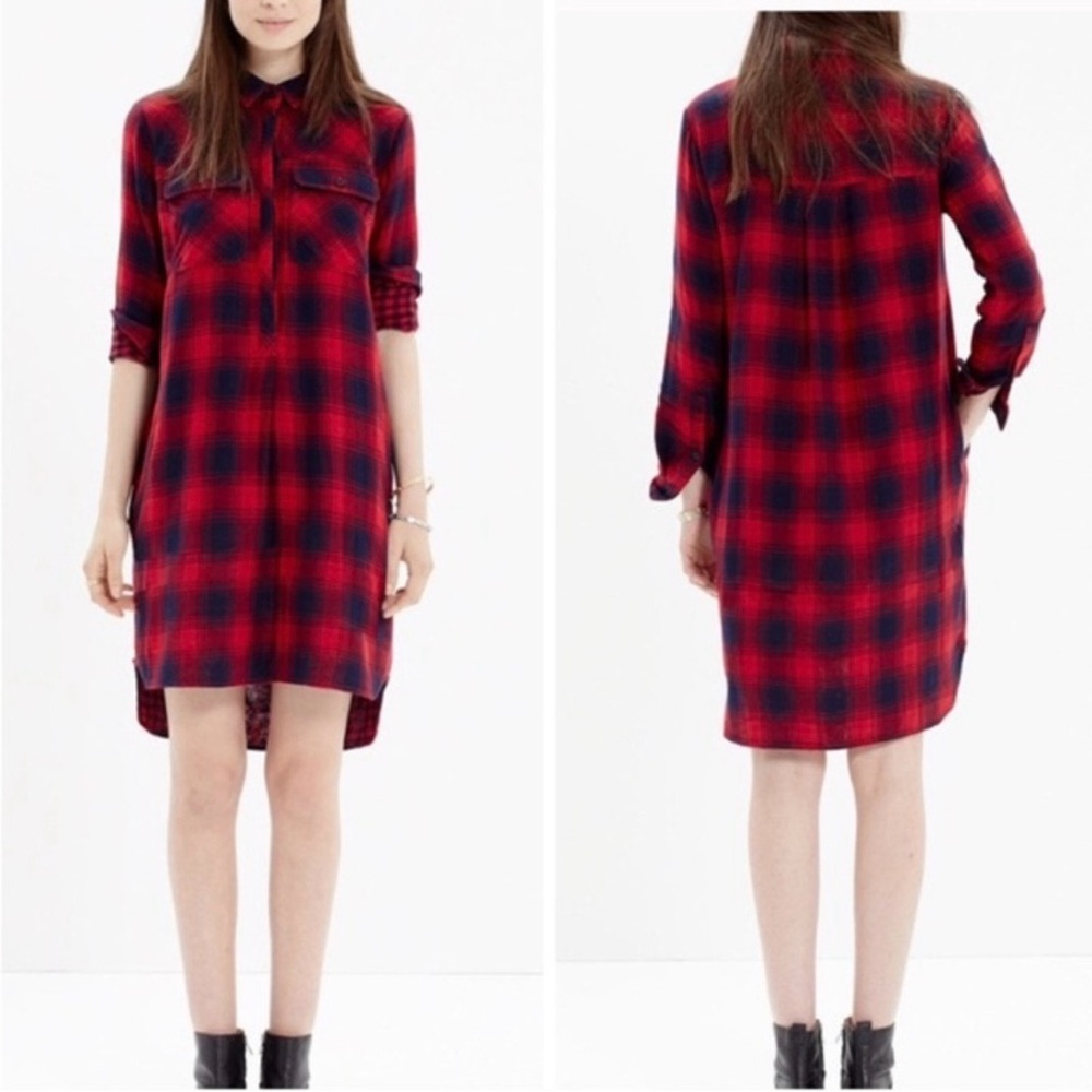 EUC Madewell Red and Black Plaid Daywalk Flannel Shirt Dress